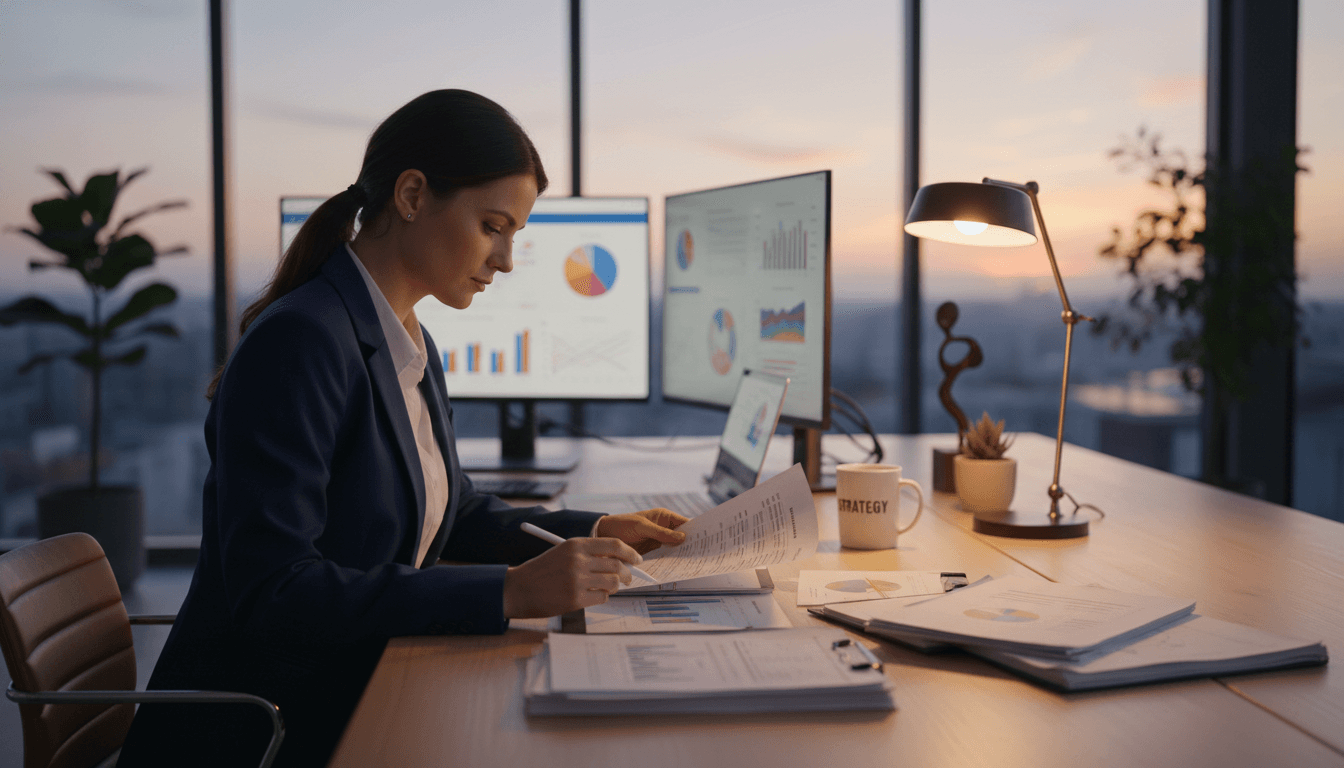 A credit card processing consultant reviewing a merchant statement at a desk