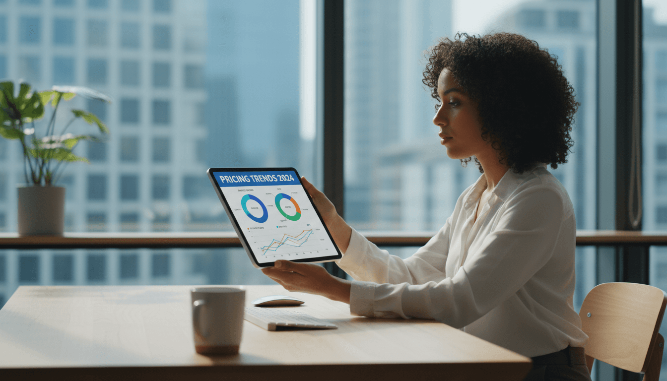 Data analyst reviewing colorful pricing charts and graphs on a tablet in a modern workspace