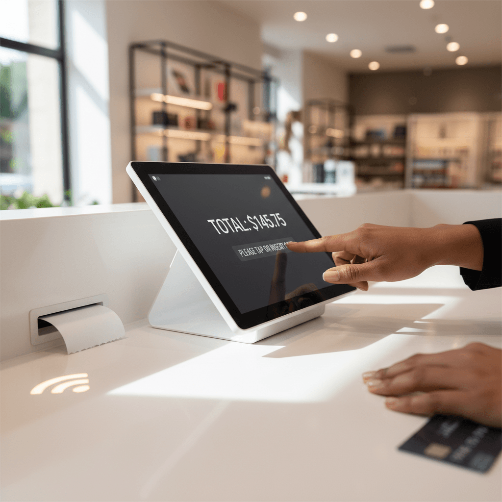 Retail cashier's hands operating a modern touchscreen payment terminal during a customer transaction at checkout counter