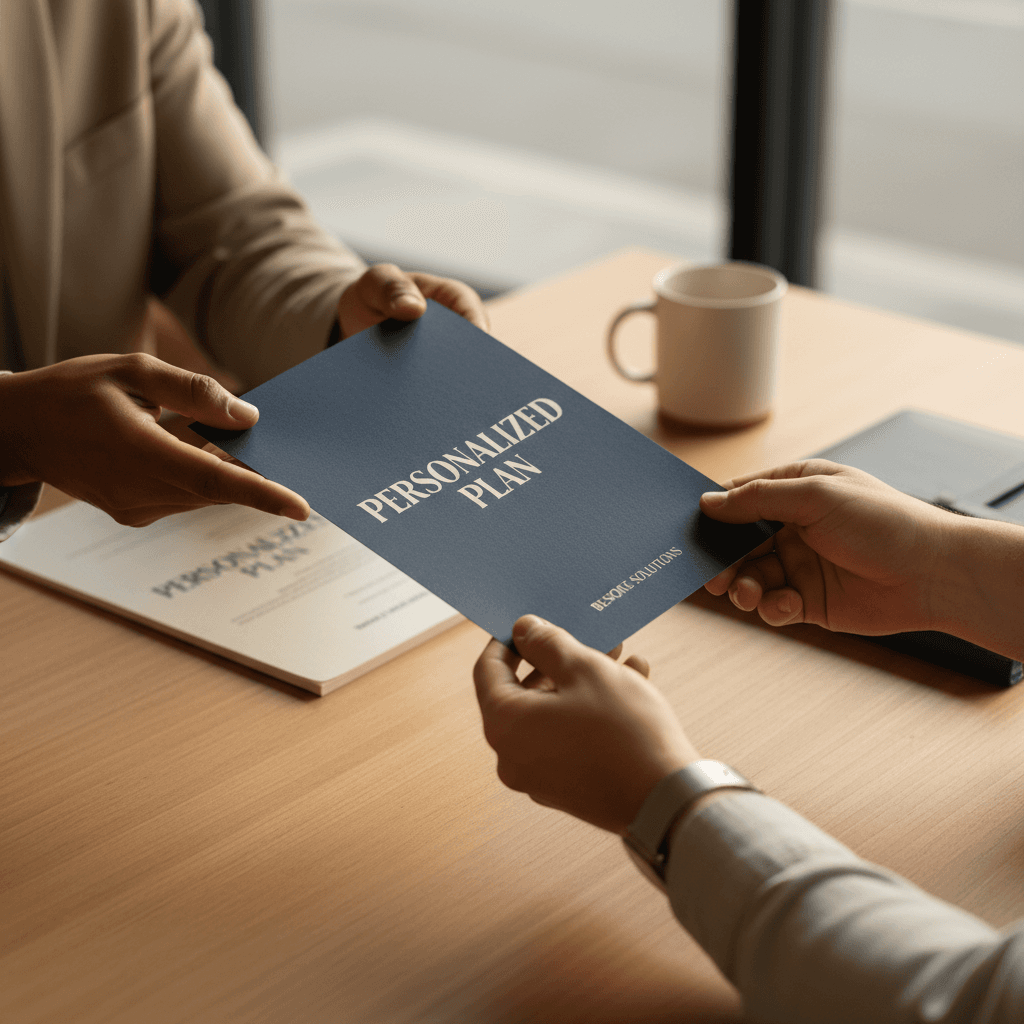 Diverse hands exchanging personalized service agreement document across modern desk in professional setting