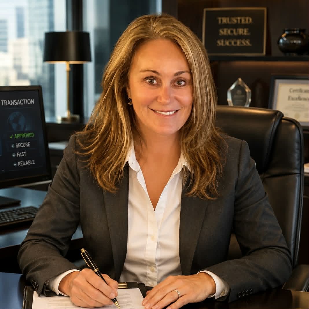 Smiling professional woman in a grey blazer sitting at a desk and holding a pen.