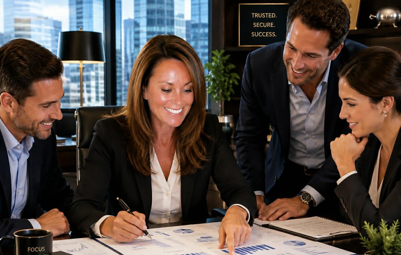Smiling professionals collaborate on financial charts in a modern office overlooking a city skyline.